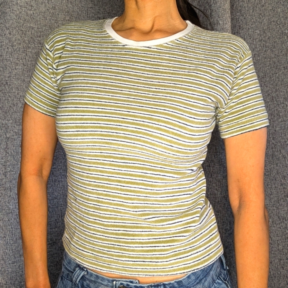90s Terry Cloth Striped Green White Baby Doll Tshirt